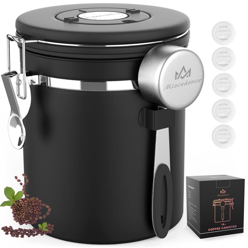 Miscedence Coffee canister for ground coffee with Scoop Date Tracker One Way Co2 Valve 304 Stainless Steel Kitchen Food Airtight storage container for Coffee Beans,Grounds,Tea,Sugar (Black, 16oz) - Image 1
