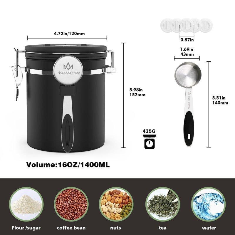Miscedence Coffee canister for ground coffee with Scoop Date Tracker One Way Co2 Valve 304 Stainless Steel Kitchen Food Airtight storage container for Coffee Beans,Grounds,Tea,Sugar (Black, 16oz) - Image 4