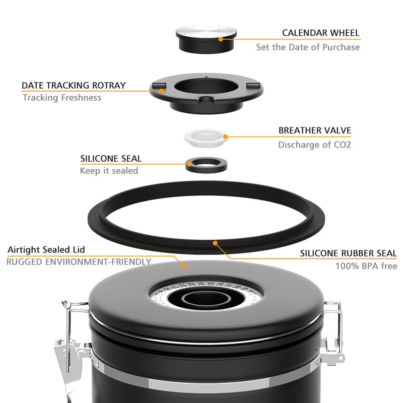 Miscedence Coffee canister for ground coffee with Scoop Date Tracker One Way Co2 Valve 304 Stainless Steel Kitchen Food Airtight storage container for Coffee Beans,Grounds,Tea,Sugar (Black, 16oz) - Image 3
