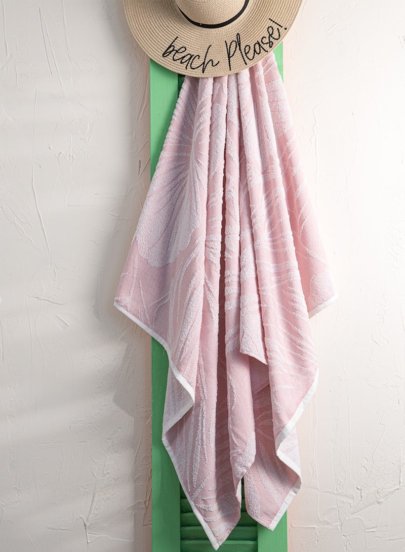 زيمتا منشفة شاطئ قطنية كبيرة الحجم من ZYMTA مقاس 90 × 170 سم، بتصميم Island Escape - وردي بودرة / أبيض - Image 5