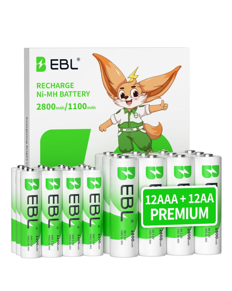 EBL 24 Sets AA AAA Batteries Combo with 12-Pack AA 2800mAh & 12-Pack AAA 1100mAh 1.2V Rechargeable Batteries - Image 1