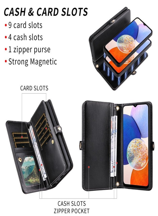 أسو ويش جراب هاتف Asuwish لهاتف سامسونج جالاكسي A14/M14 5G، مزود بسحاب، غطاء قابل للفصل، واقي شاشة من الزجاج المقوى، حزام كتف، حامل بطاقات لامع، A 14 4G 14A 14M G5 للنساء، أسود - Image 4