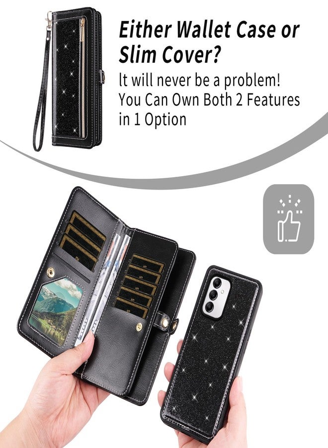 أسو ويش جراب هاتف Asuwish لهاتف سامسونج جالاكسي A14/M14 5G، مزود بسحاب، غطاء قابل للفصل، واقي شاشة من الزجاج المقوى، حزام كتف، حامل بطاقات لامع، A 14 4G 14A 14M G5 للنساء، أسود - Image 5