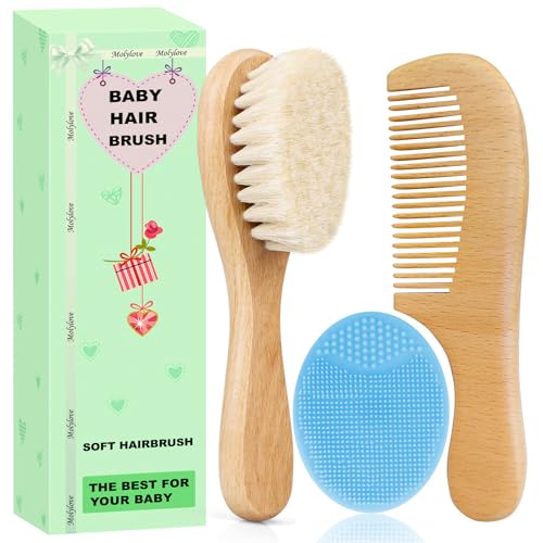 Molylove Baby Hair Brush with Wooden Handle and Comb Set for Newborns Toddlers Natural Soft Goat Bristles l Wood Comb l Blue Cradle Cap Brush Ideal for Cradle Cap 3 Piece - Image 1