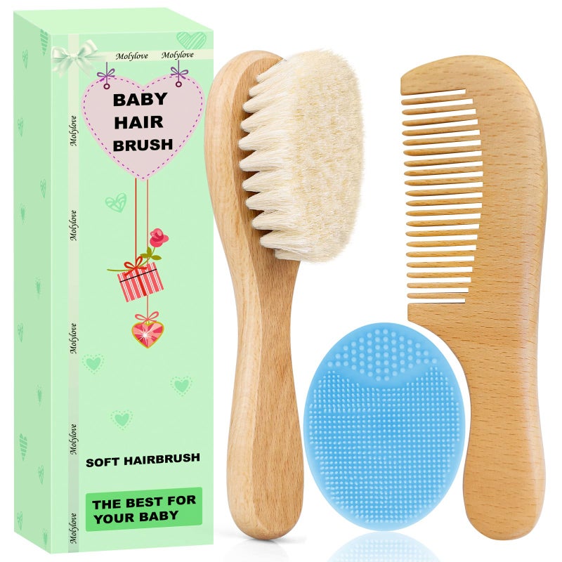 Molylove Baby Hair Brush with Wooden Handle and Comb Set for Newborns Toddlers Natural Soft Goat Bristles l Wood Comb l Blue Cradle Cap Brush Ideal for Cradle Cap 3 Piece - Image 3
