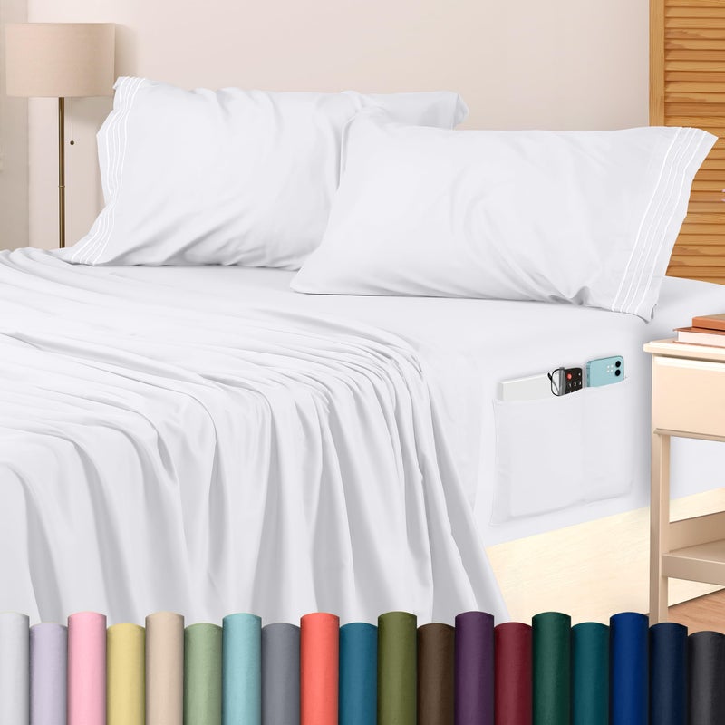 Utopia Bedding Queen Size Sheet Set  Soft Microfiber 4 Piece Hotel Luxury Bed Sheets with Deep Pockets - Embroidered Pillow Cases - Side Storage Pocket Fitted Sheet - Flat Sheet (White) - Image 1