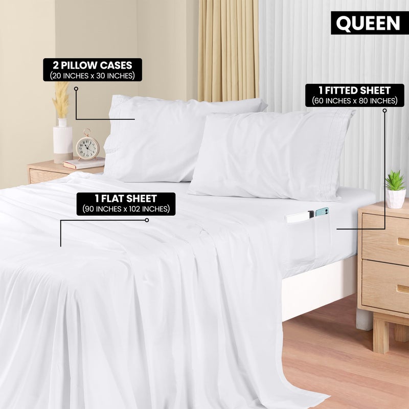 Utopia Bedding Queen Size Sheet Set  Soft Microfiber 4 Piece Hotel Luxury Bed Sheets with Deep Pockets - Embroidered Pillow Cases - Side Storage Pocket Fitted Sheet - Flat Sheet (White) - Image 2