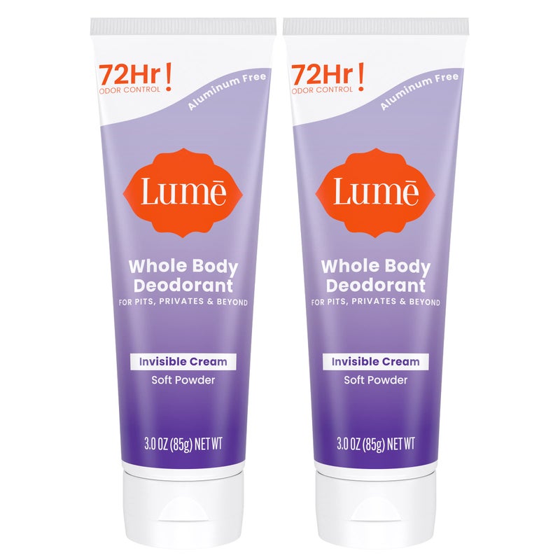 Lume Whole Body Deodorant  Invisible Cream Tube  72 Hour Odor Control  Aluminum Free Baking Soda Free Skin Safe  30 ounce Pack of 2 Soft Powder