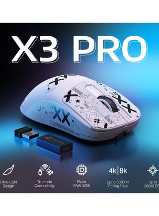 ماوس ألعاب لاسلكي خفيف الوزن X3PRO بدقة 4K/8K مع وضع ثلاثي (سلكي/2.4 جيجاهرتز/بلوتوث)، مستشعر بصري PAW3395، دقة 26 ألف نقطة في البوصة، مفتاح Kailh GM8.0، بطارية طويلة الأمد، 7 أزرار لأجهزة الكمبيوتر/الكمبيوتر المحمول/ويندوز/ماك - view 2