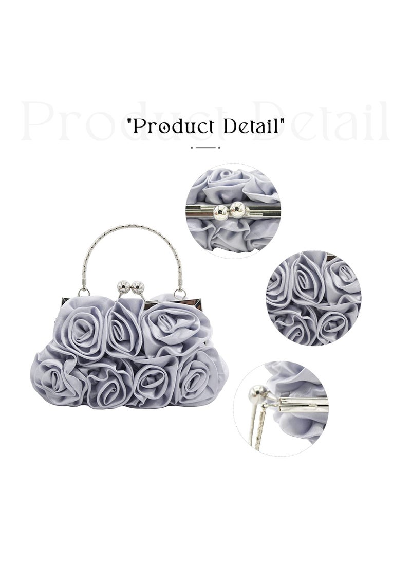 Zikra Women Evening Clutch Bag Floral Satin Purses Detachable Strap Clutch Bag Floral Clutch Bag Detachable Strap Purses Floral Clutch Bag for Wedding, Party, Prom (Silver) - Image 4
