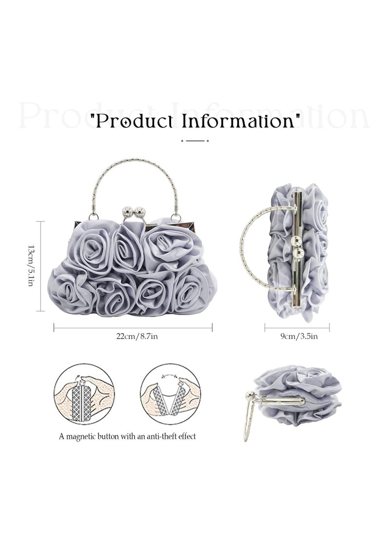 Zikra Women Evening Clutch Bag Floral Satin Purses Detachable Strap Clutch Bag Floral Clutch Bag Detachable Strap Purses Floral Clutch Bag for Wedding, Party, Prom (Silver) - Image 3