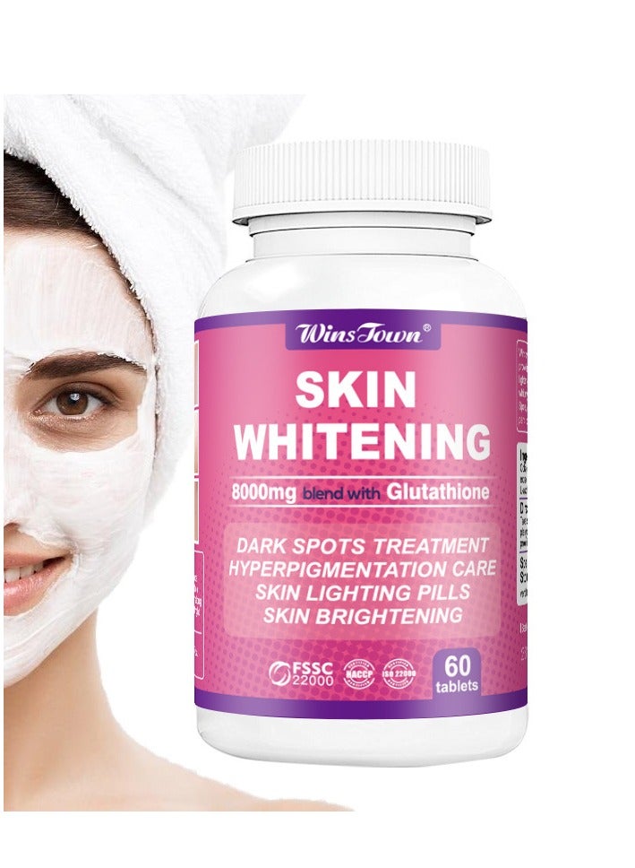 Wins Town Skin Whitening 8000mg Blend With Glutathione,Effective Skin Lightening Supplement - Dark Spots, Melasma & Acne Scar Remover,60 Tablets - Image 1