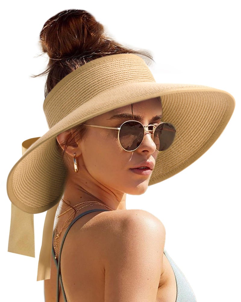 Camptrace Sun Visors for Women Wide Brim Beach Hat Foldable Straw Visor Hat Ponytail Summer Packable UPF 50+ - Image 1