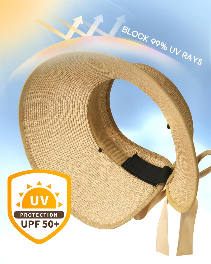 Camptrace Sun Visors for Women Wide Brim Beach Hat Foldable Straw Visor Hat Ponytail Summer Packable UPF 50+ - Image 2