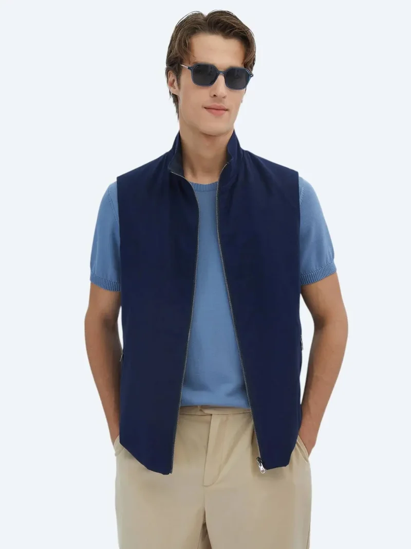 Kip Navy Blue Regular Fit Turtleneck Casual Weaving Puffer Vest