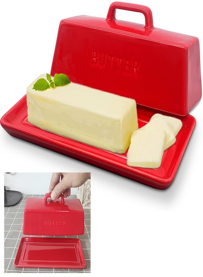 Eeaivnm Butter Dish with Lid, Butter Keeper Porcelain,7" Butter Dishes-Dishwasher Safe, Ceramic Butter Dish with Handle Design for Countertop (Red) - Image 1