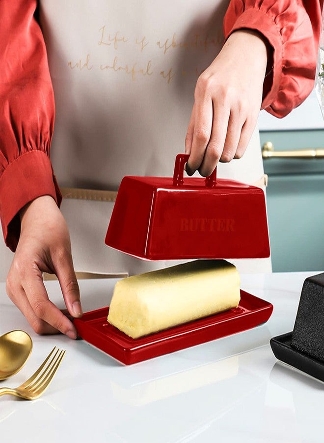 Eeaivnm Butter Dish with Lid, Butter Keeper Porcelain,7" Butter Dishes-Dishwasher Safe, Ceramic Butter Dish with Handle Design for Countertop (Red) - Image 3