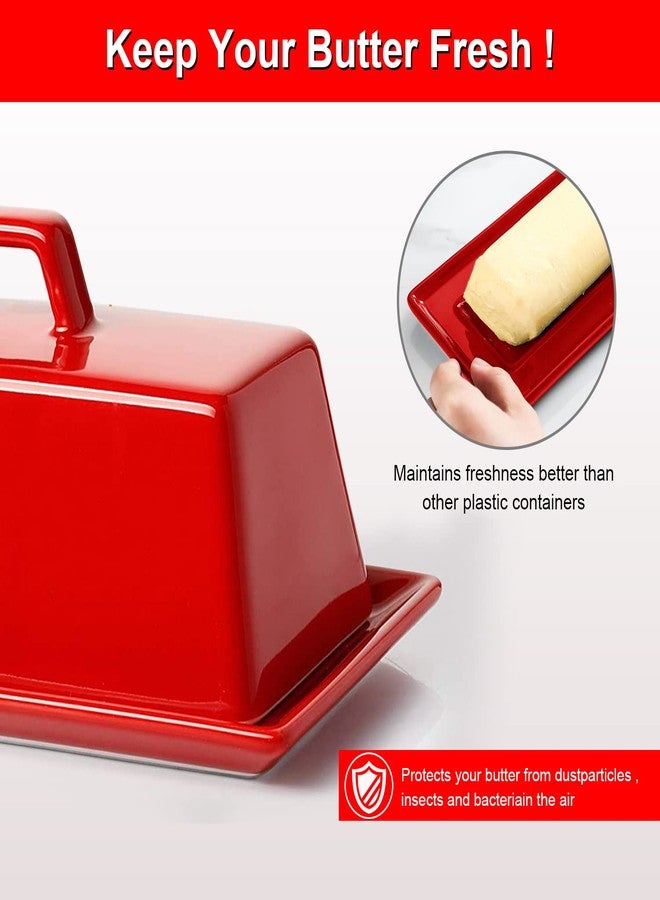 Eeaivnm Butter Dish with Lid, Butter Keeper Porcelain,7" Butter Dishes-Dishwasher Safe, Ceramic Butter Dish with Handle Design for Countertop (Red) - Image 4