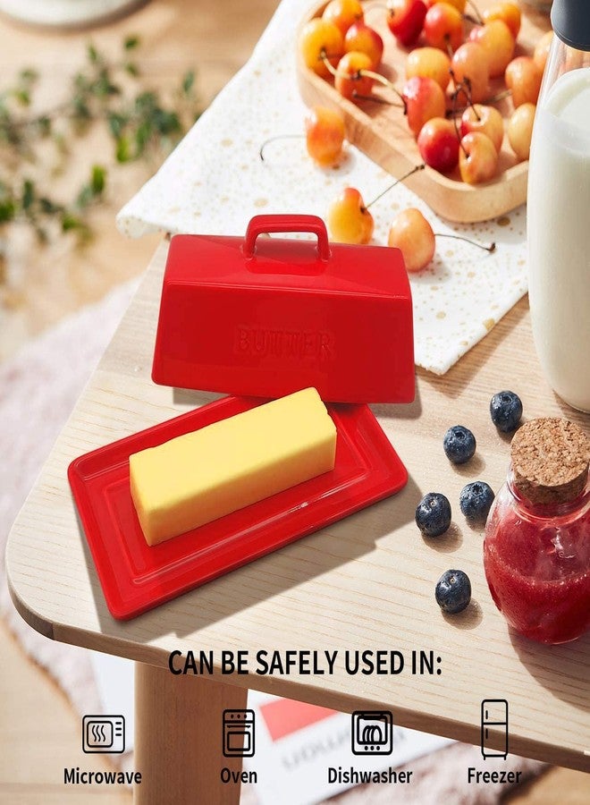Eeaivnm Butter Dish with Lid, Butter Keeper Porcelain,7" Butter Dishes-Dishwasher Safe, Ceramic Butter Dish with Handle Design for Countertop (Red) - Image 2