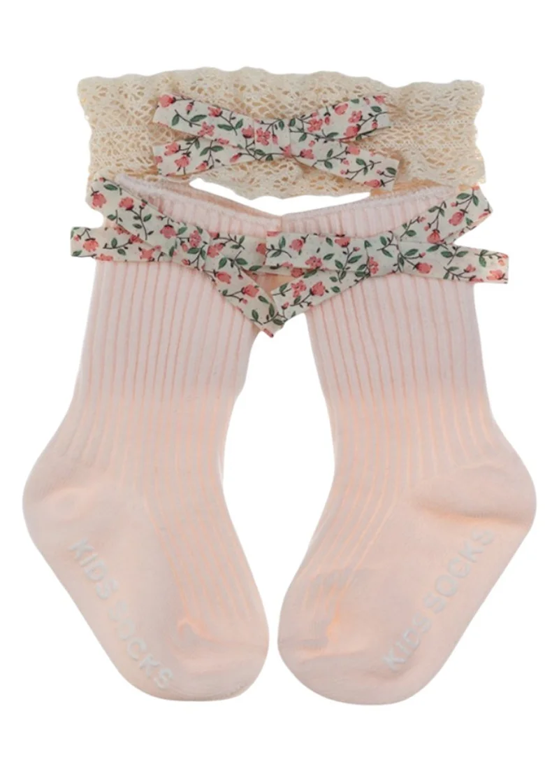 D'Daniela Victoria Ribbon Bow Turban and Socks Set for Babies - Baby Pink