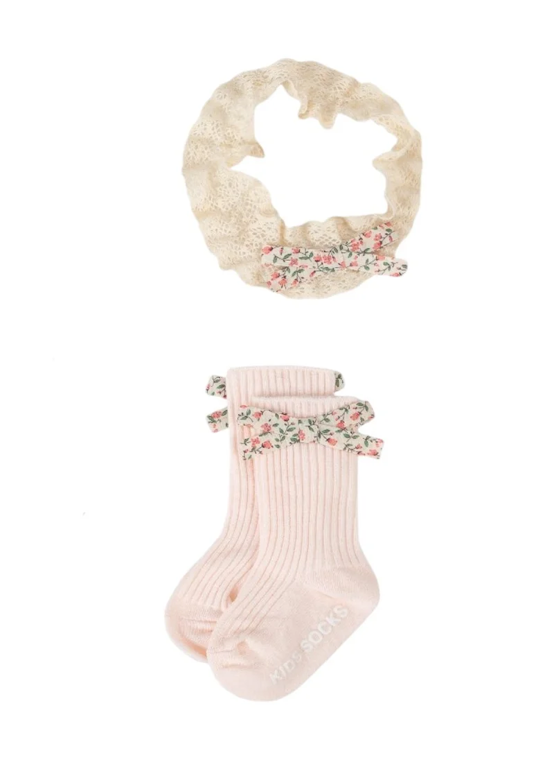 D'Daniela Victoria Ribbon Bow Turban and Socks Set for Babies - Baby Pink