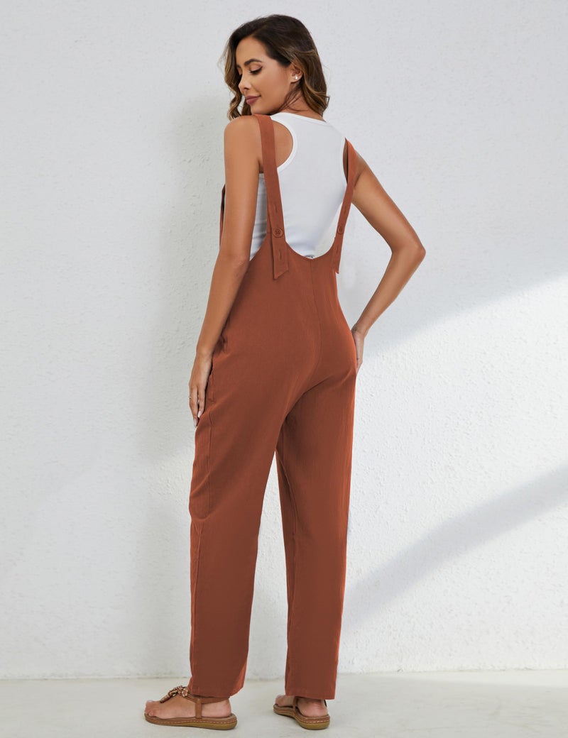 Yeokou Womens Overalls Linen Cotton Jumpsuits Loose Casual Jumpers with Pockets(Rust-S) - Image 4