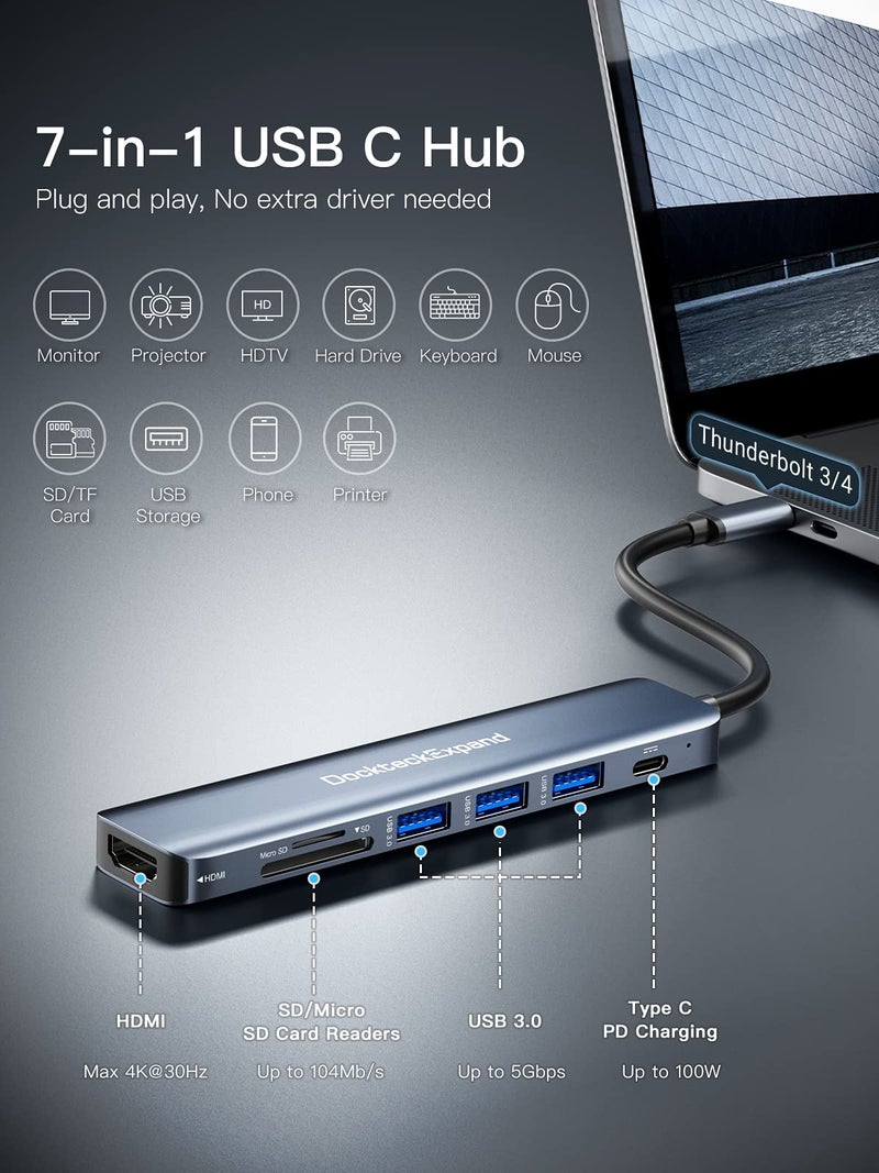 DockteckExpand USB C Hub, DockteckExpand 7 in 1 USB-C Multiport Adapter with 4K HDMI, 100W Power Delivery, 3 USB 3.0 Ports, SD/TF Card Reader, for MacBook Pro/Air, iMac, iPad Pro, Surface Pro 7/8, XPS, HP and More - Image 2