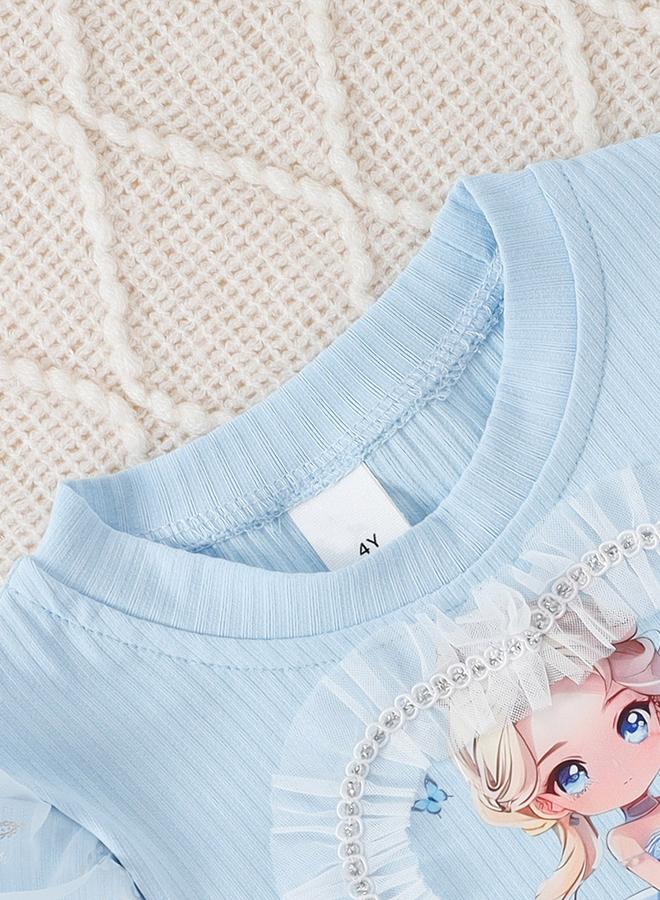 Take Two Girl's Graphic Print Puff Sleeve A-line Mesh Dress - Image 3