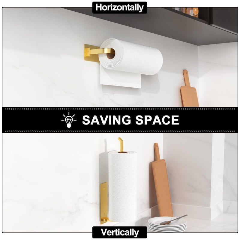niffgaff Paper Towel Holder - Self-Adhesive or Drilling, Gold, Upgraded Aluminum Kitchen Roll Dispenser Under Cabinet, Lighter but Stronger Than Stainless Steel!  - Image 3