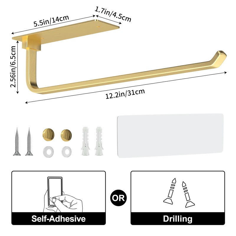 niffgaff Paper Towel Holder - Self-Adhesive or Drilling, Gold, Upgraded Aluminum Kitchen Roll Dispenser Under Cabinet, Lighter but Stronger Than Stainless Steel!  - Image 5