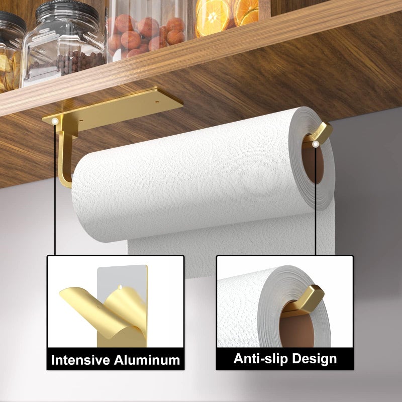 niffgaff Paper Towel Holder - Self-Adhesive or Drilling, Gold, Upgraded Aluminum Kitchen Roll Dispenser Under Cabinet, Lighter but Stronger Than Stainless Steel!  - Image 2