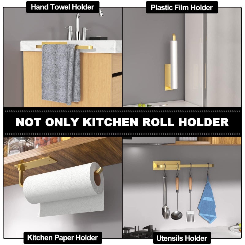 niffgaff Paper Towel Holder - Self-Adhesive or Drilling, Gold, Upgraded Aluminum Kitchen Roll Dispenser Under Cabinet, Lighter but Stronger Than Stainless Steel!  - Image 4