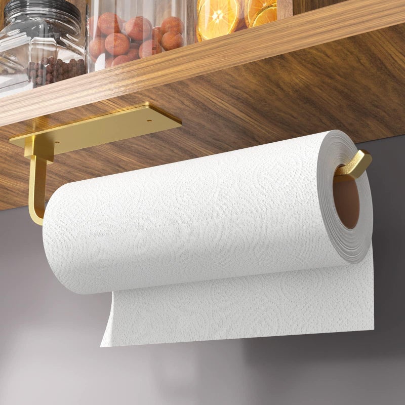 niffgaff Paper Towel Holder - Self-Adhesive or Drilling, Gold, Upgraded Aluminum Kitchen Roll Dispenser Under Cabinet, Lighter but Stronger Than Stainless Steel!  - Image 1