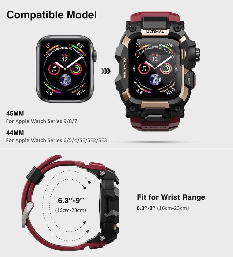 ULTIMAL Rugged Case with Band for Apple Watch 45mm,Compatible with Apple Watch Series 9/8/7 45mm Band Men,Military Grade Shockproof Bumper Cover for iWatch Tactical Band Men (45mm, Red) - Image 2