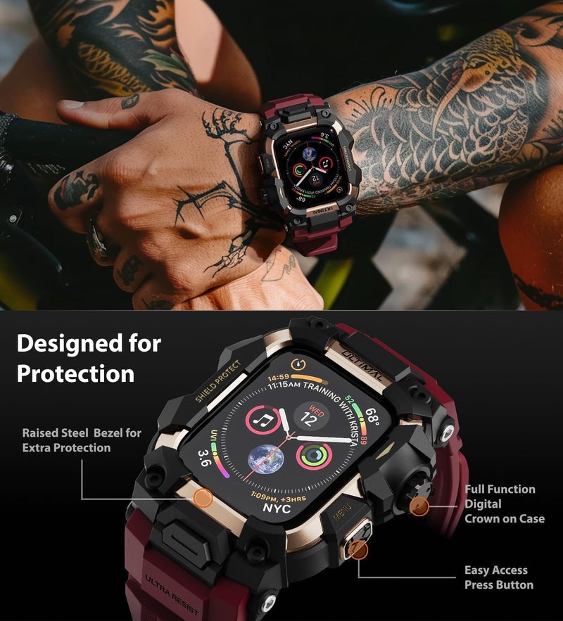 ULTIMAL Rugged Case with Band for Apple Watch 45mm,Compatible with Apple Watch Series 9/8/7 45mm Band Men,Military Grade Shockproof Bumper Cover for iWatch Tactical Band Men (45mm, Red) - Image 3