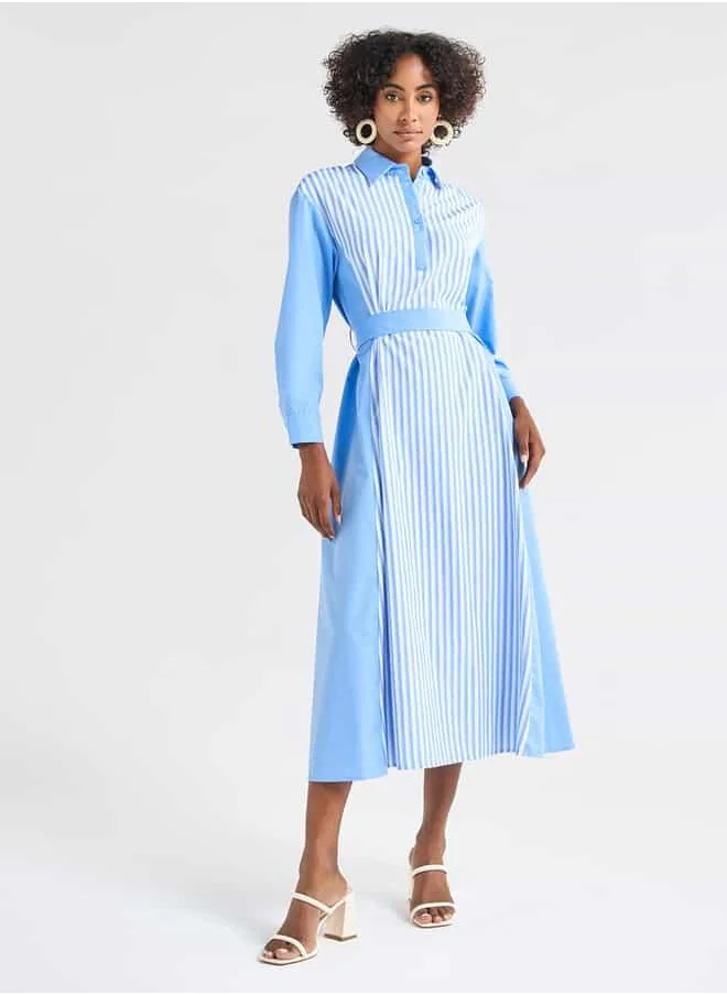 FAV Striped Midi Shirt Dress with Long Sleeves and Tie-Up Belt