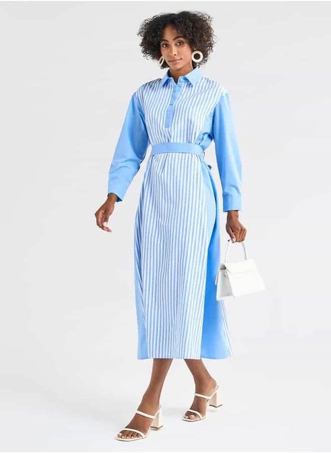 FAV Striped Midi Shirt Dress with Long Sleeves and Tie-Up Belt