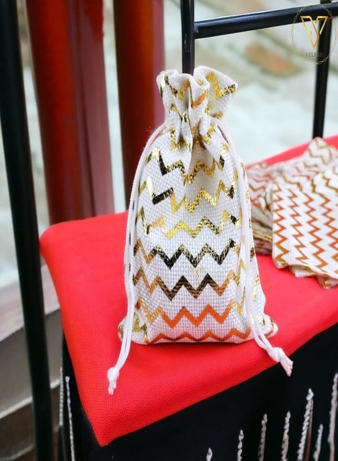 VELEXE Jute Bag with White Zigzag Design - Pack of 10 | 10 * 15CM | Eco-Friendly, Reusable Tote Bag | Stylish, Durable, and Sustainable | Perfect for Shopping & Gifting - Image 3