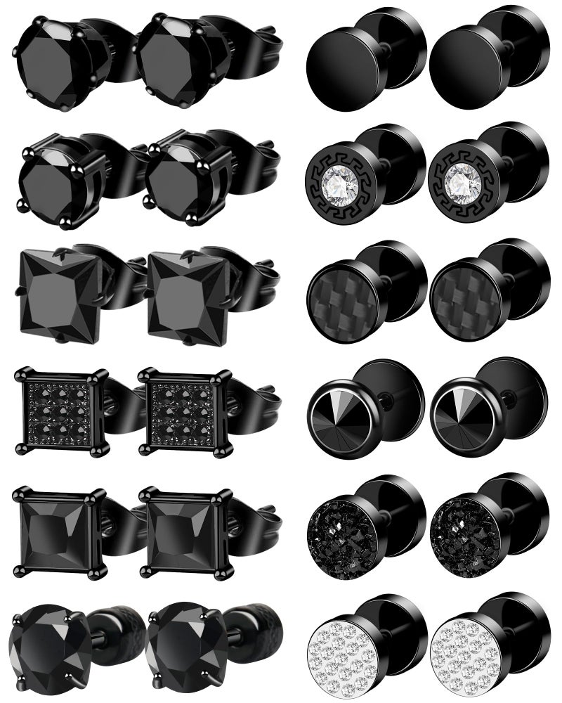 ONESING 12 Pairs Black Earrings for Men Stainless Steel Mens Earrings Stud Hypoallergenic Square Cubic Zirconia Stud Earrings Set for Multiple Piercing - Image 1