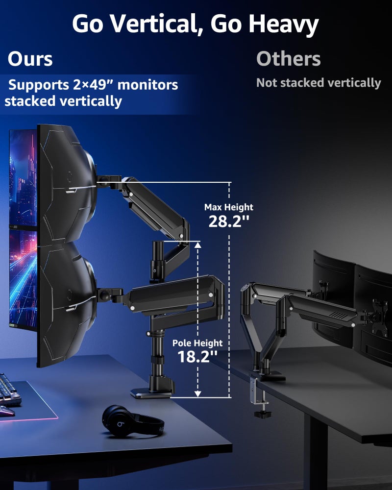 MOUNTUP Dual Monitor Stand Fits 49 45 42 40 39 34 32 Inch Screens, Heavy Duty Dual Monitor Arm Holds 4.4-44 lbs, Vertical Stacked Monitors Mount, Full Motion, Height Adjustable, VESA Mount - Image 3