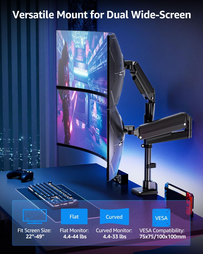 MOUNTUP Dual Monitor Stand Fits 49 45 42 40 39 34 32 Inch Screens, Heavy Duty Dual Monitor Arm Holds 4.4-44 lbs, Vertical Stacked Monitors Mount, Full Motion, Height Adjustable, VESA Mount - Image 2