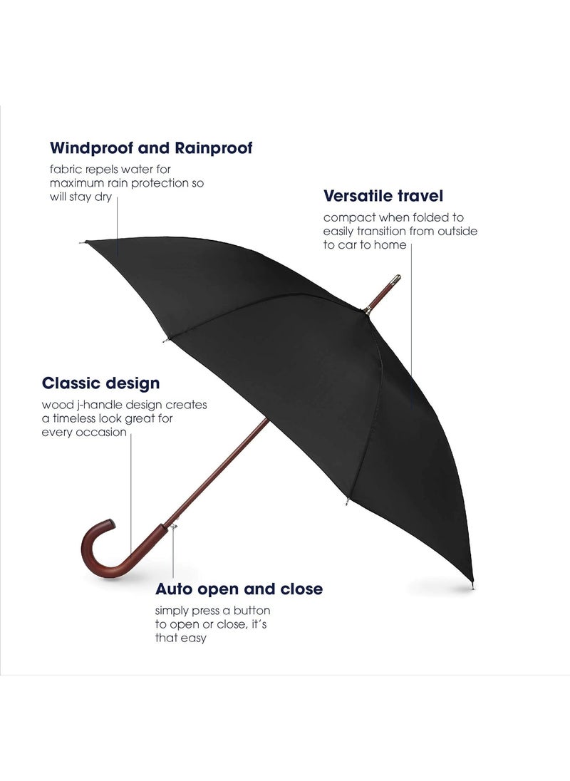 Totes - Totes Eco Auto Open Umbrella Classic Wooden J Stick Handle with Easy Grip  Windproof Rainproof and Durable Canopy Design  Versatile Travel Perfect for Rainy Days - Image 1