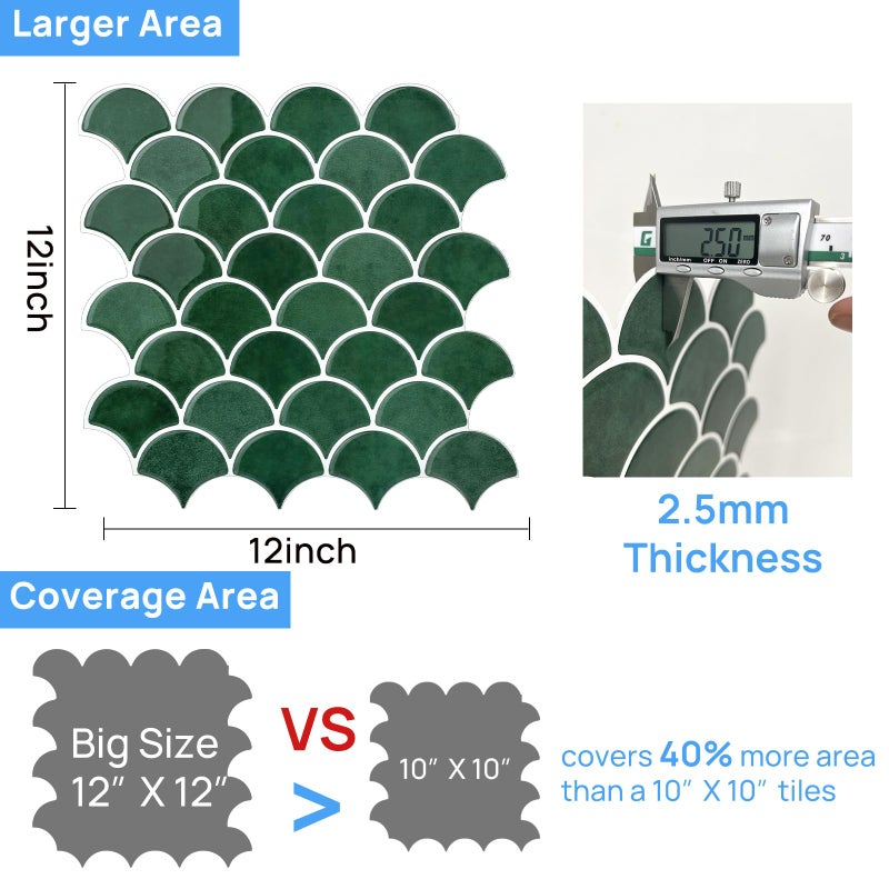 AdoDecor Peel and Stick Tile for Kitchen Backsplash, Grand Fish Scale Fan Shape Stick on Tiles, Self Adhesive Backsplash Tiles (Green). - Image 4