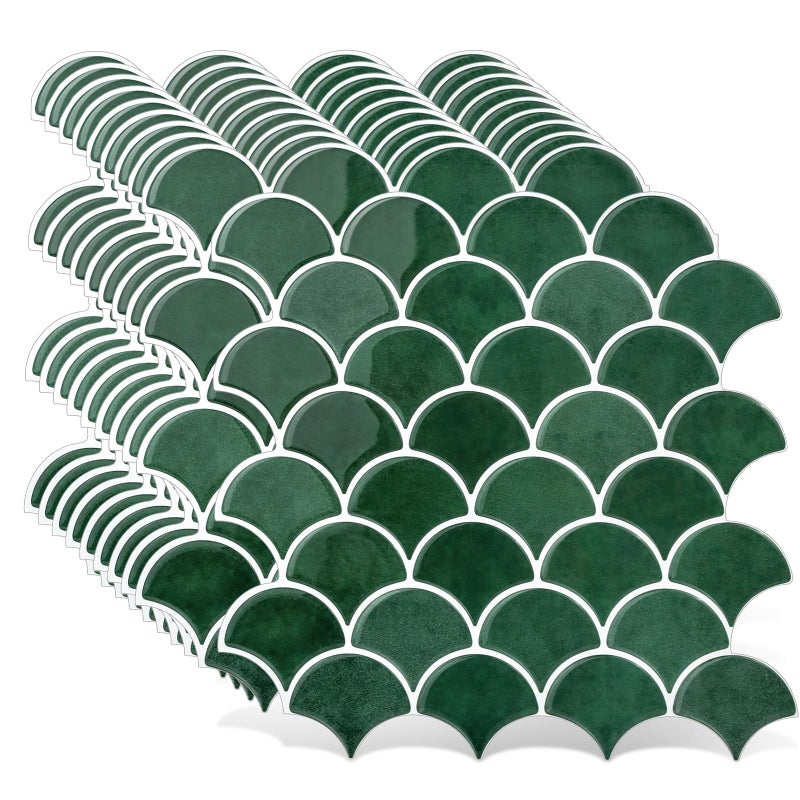 AdoDecor Peel and Stick Tile for Kitchen Backsplash, Grand Fish Scale Fan Shape Stick on Tiles, Self Adhesive Backsplash Tiles (Green). - Image 1
