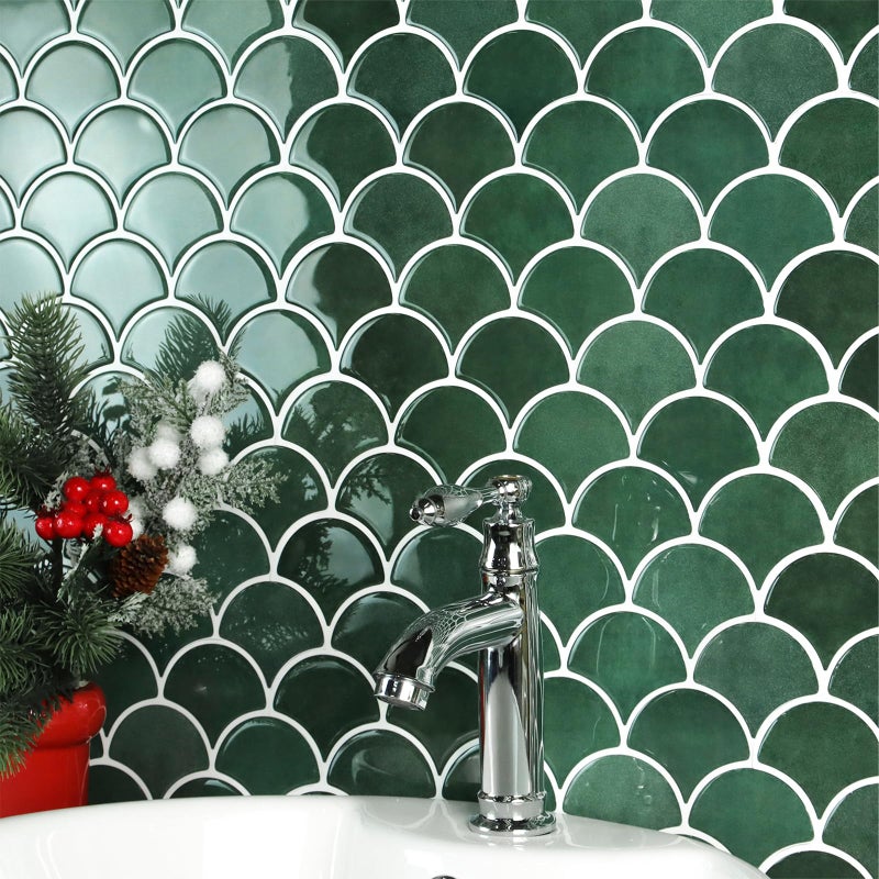 AdoDecor Peel and Stick Tile for Kitchen Backsplash, Grand Fish Scale Fan Shape Stick on Tiles, Self Adhesive Backsplash Tiles (Green). - Image 2