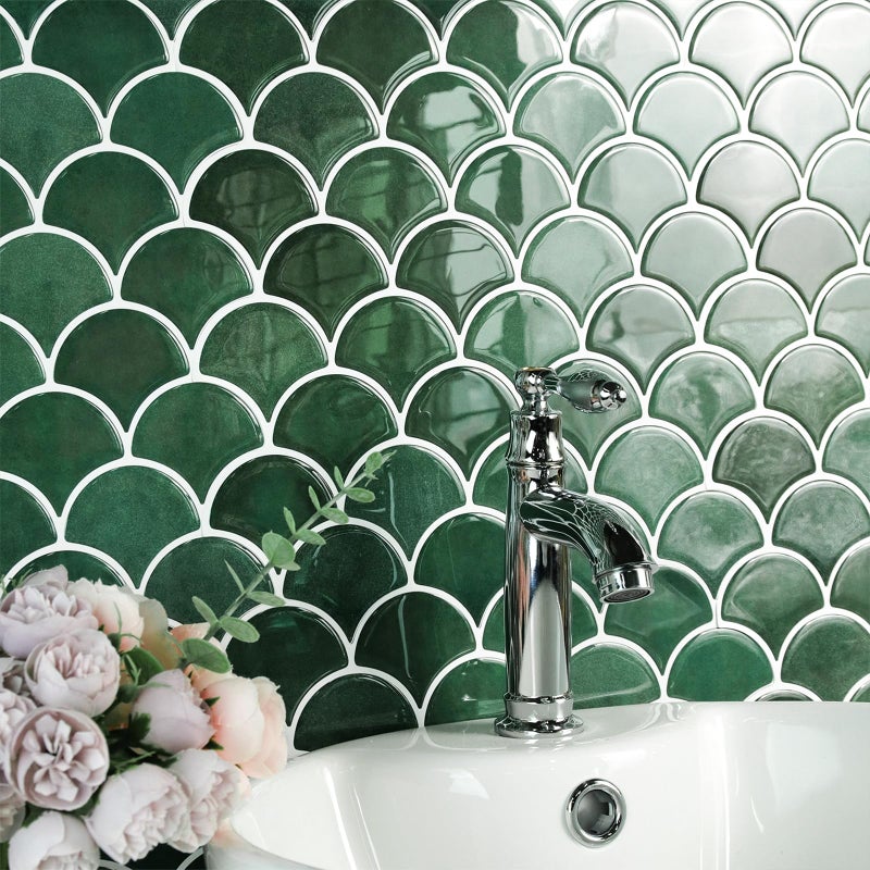 AdoDecor Peel and Stick Tile for Kitchen Backsplash, Grand Fish Scale Fan Shape Stick on Tiles, Self Adhesive Backsplash Tiles (Green). - Image 3