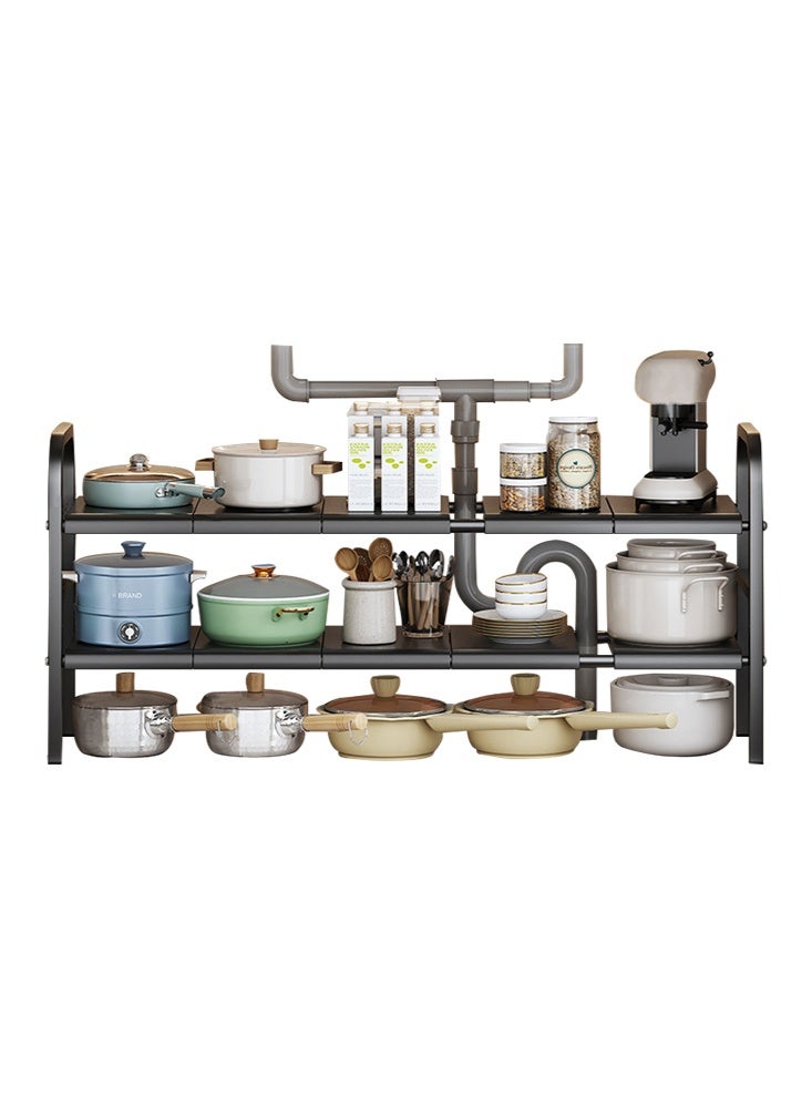 Forthcan Expandable Under Sink Organizer, 2 Tier Storage Rack with 10 Removable Panels, Multi-Purpose Shelf for Kitchen, Bathroom, Cabinet, Wardrobe Closet (Black, 85-88cm Length) - Image 1