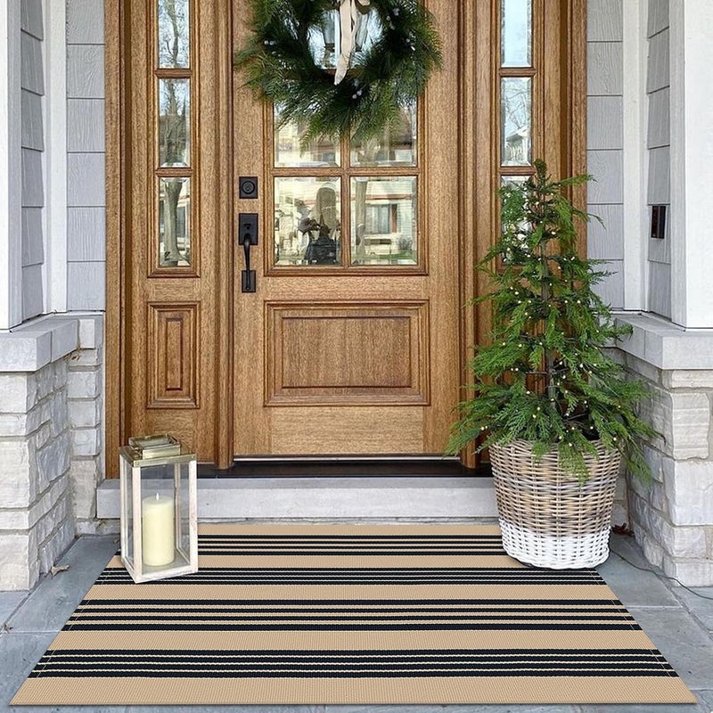 KOZYFLY Striped Front Door Mat 27.5x43 Inches Brown and Black Front Door Rug Cotton Washable Indoor Outdoor Rug Doormats Outdoor Small Striped Area Rugs for Kitchen Entryway Front Porch - Image 1