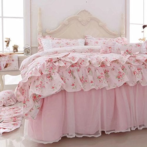 LELVA Romantic Roses Print Duvet Cover Set with Bed Skirt Pink Lace Ruffle Floral Shabby Chic Bedding Sets King 4 Piece - Image 5