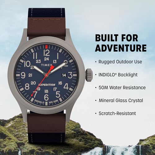 TIMEX ساعة تيمكس للرجال إكسبيديشن سكاوت 40 مم - علبة رمادية بقرص أزرق مع حزام قماش جلدي أزرق وبني - Image 5